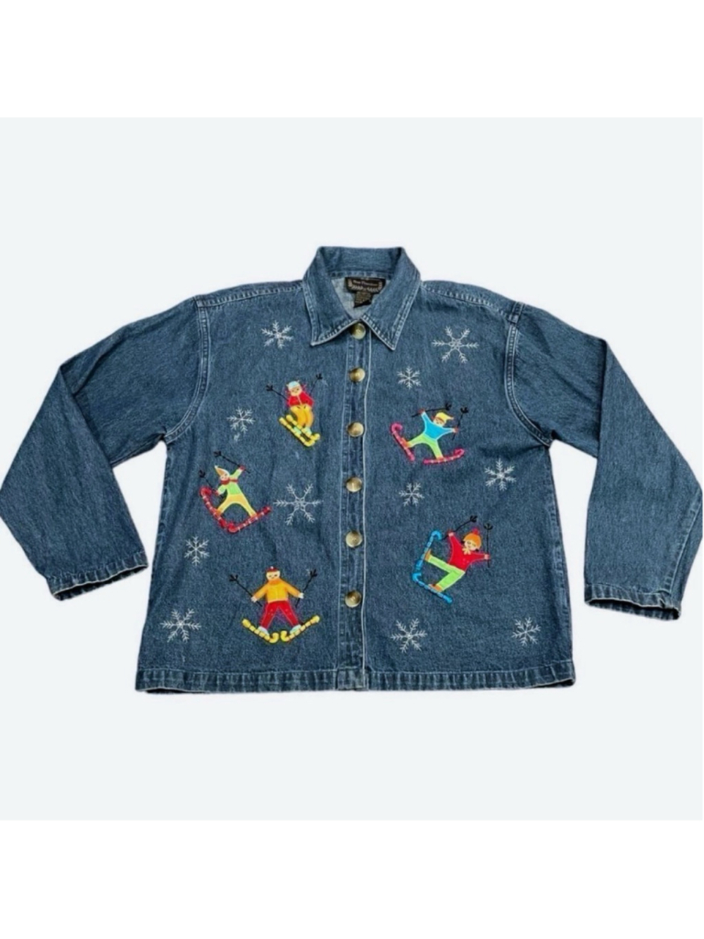 New Directions Womens Medium Embroidered Skiing Denim Blue Jean Jacket Cotton - Picture 6 of 9